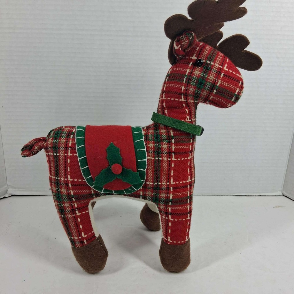 Hallmark Inspirations Red Plaid Reindeer Figurine Christmas Decor Jingle Bell 9"